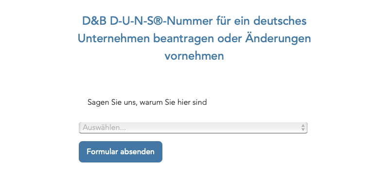 Bildschirmfoto des Formulars zum Beantragen einer DUNS-Nummer auf der Website dnb.com