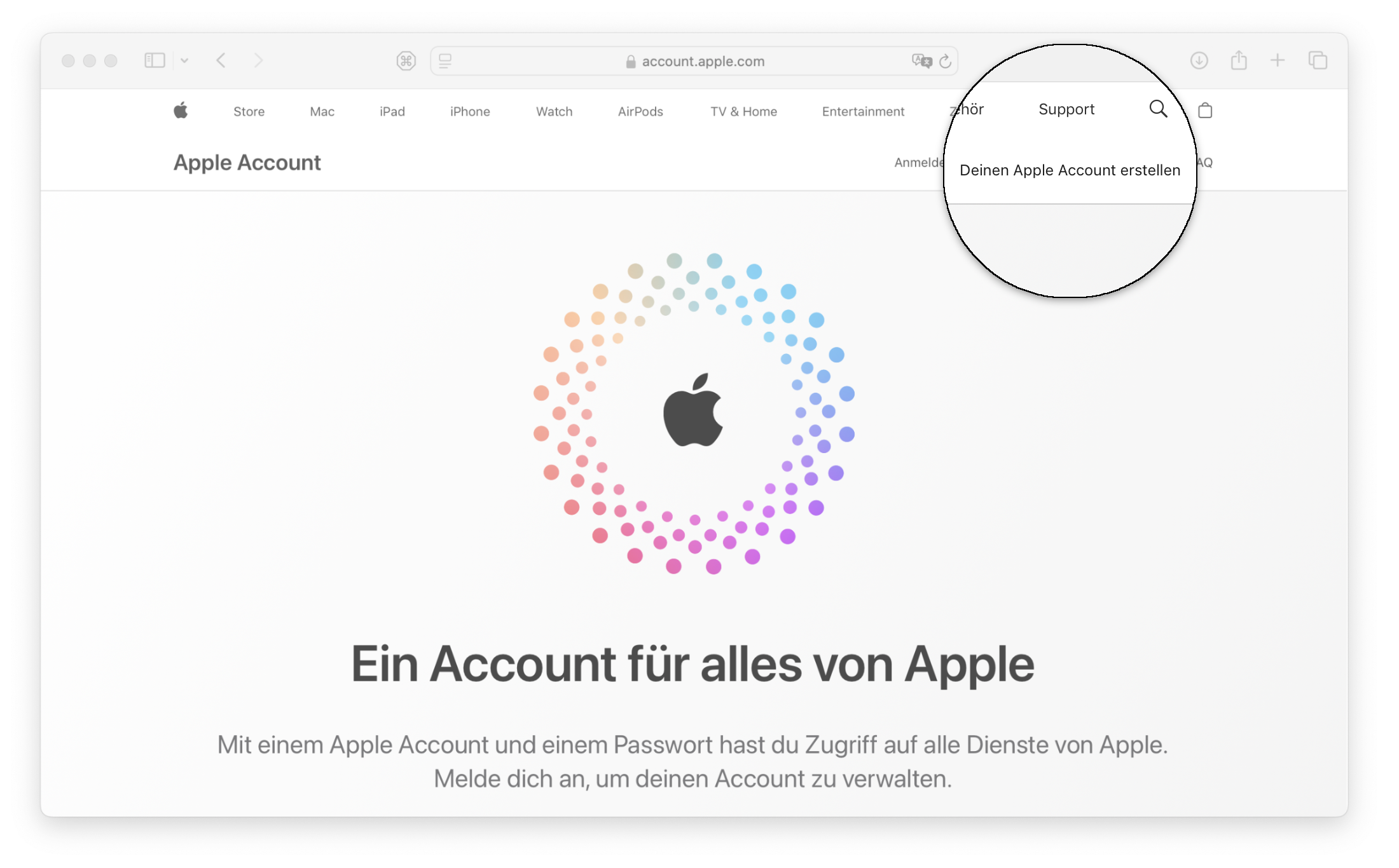 Bildschirmfoto der Seite Apple Account. Lupenartig hervorgehoben ist die Schaltfläche 'Deinen Apple Account erstellen' in der Navigation am oberen Bildrand