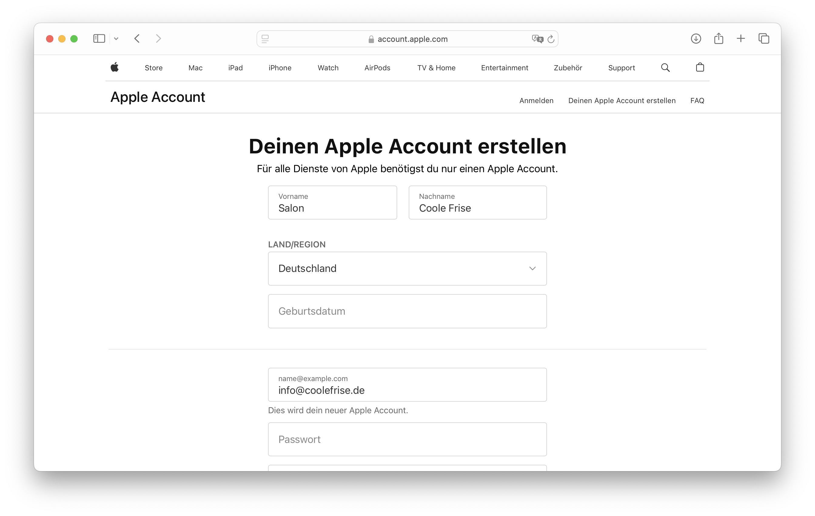 Bildschirmfoto des Formulars 'Deinen Apple Account erstellen'