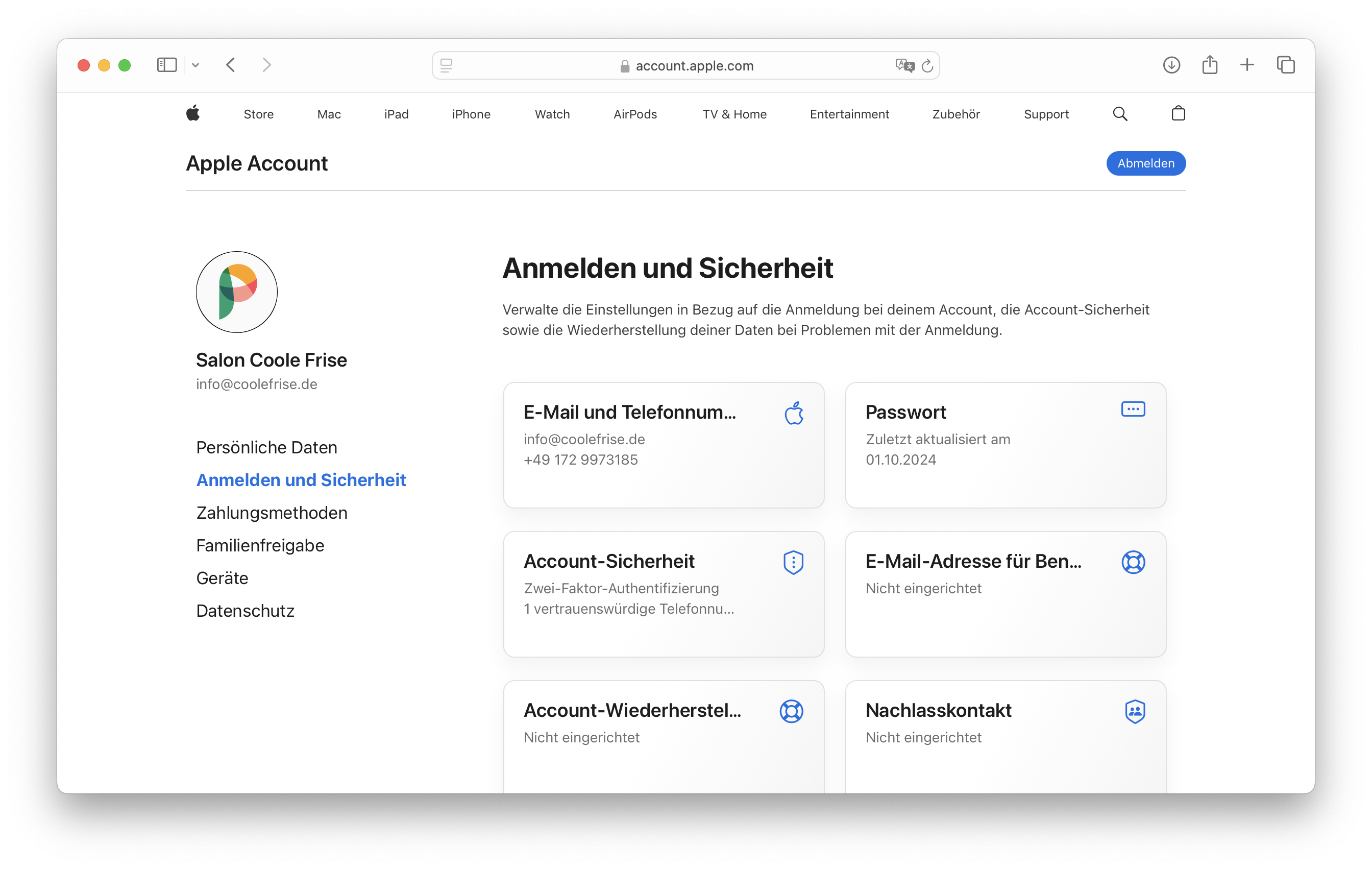 Bildschirmfoto der Seite 'Anmelden und Sicherheit' nach dem Einloggen in den Apple Account