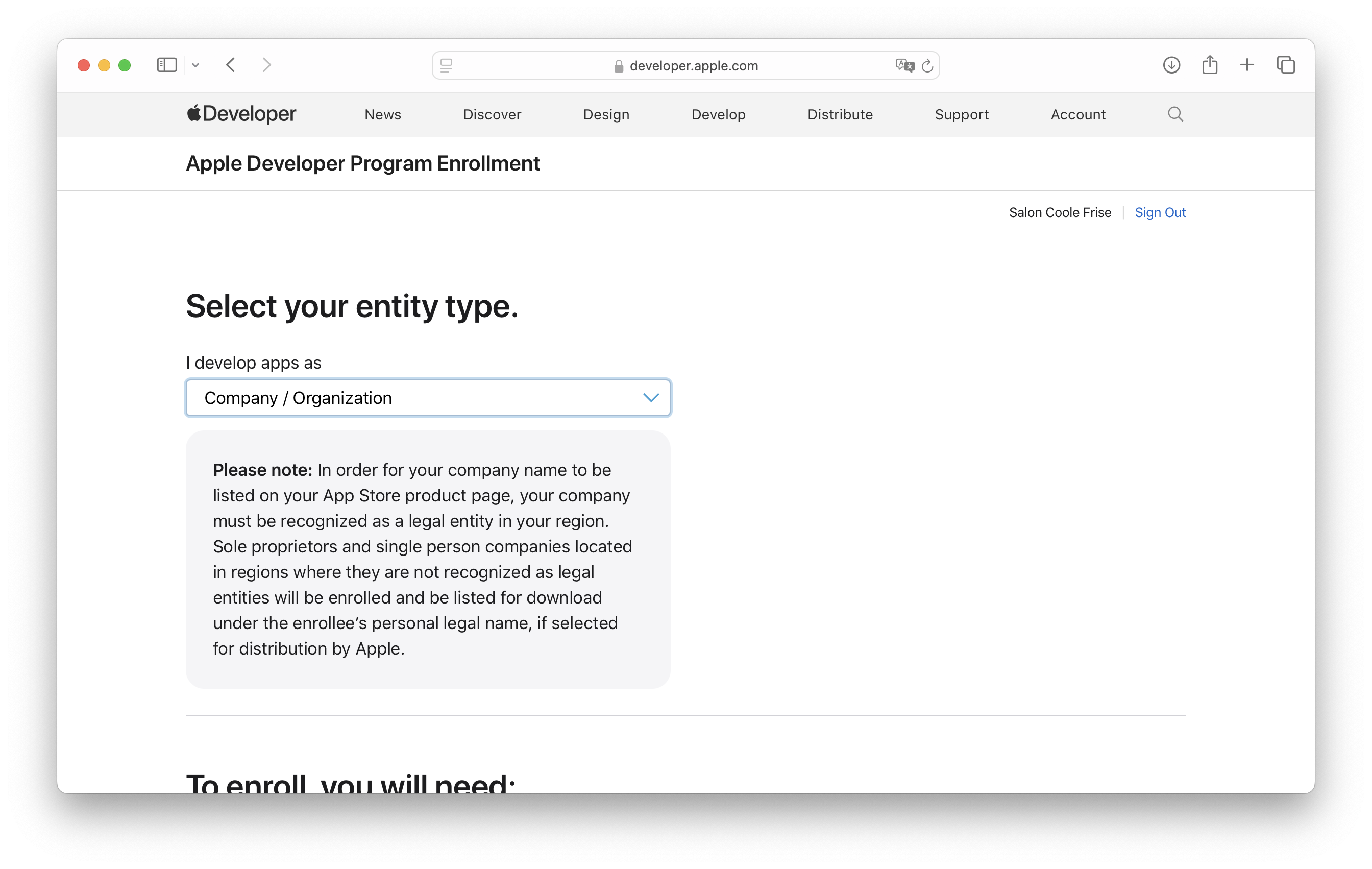 Bildschirmfoto der Registrierung als Apple Developer. Derzeit sichtbar ist die Auswahl 'Select your entity type'. Vorausgewählt für das Bildschirmfoto ist der Wert 'Company / Organization'