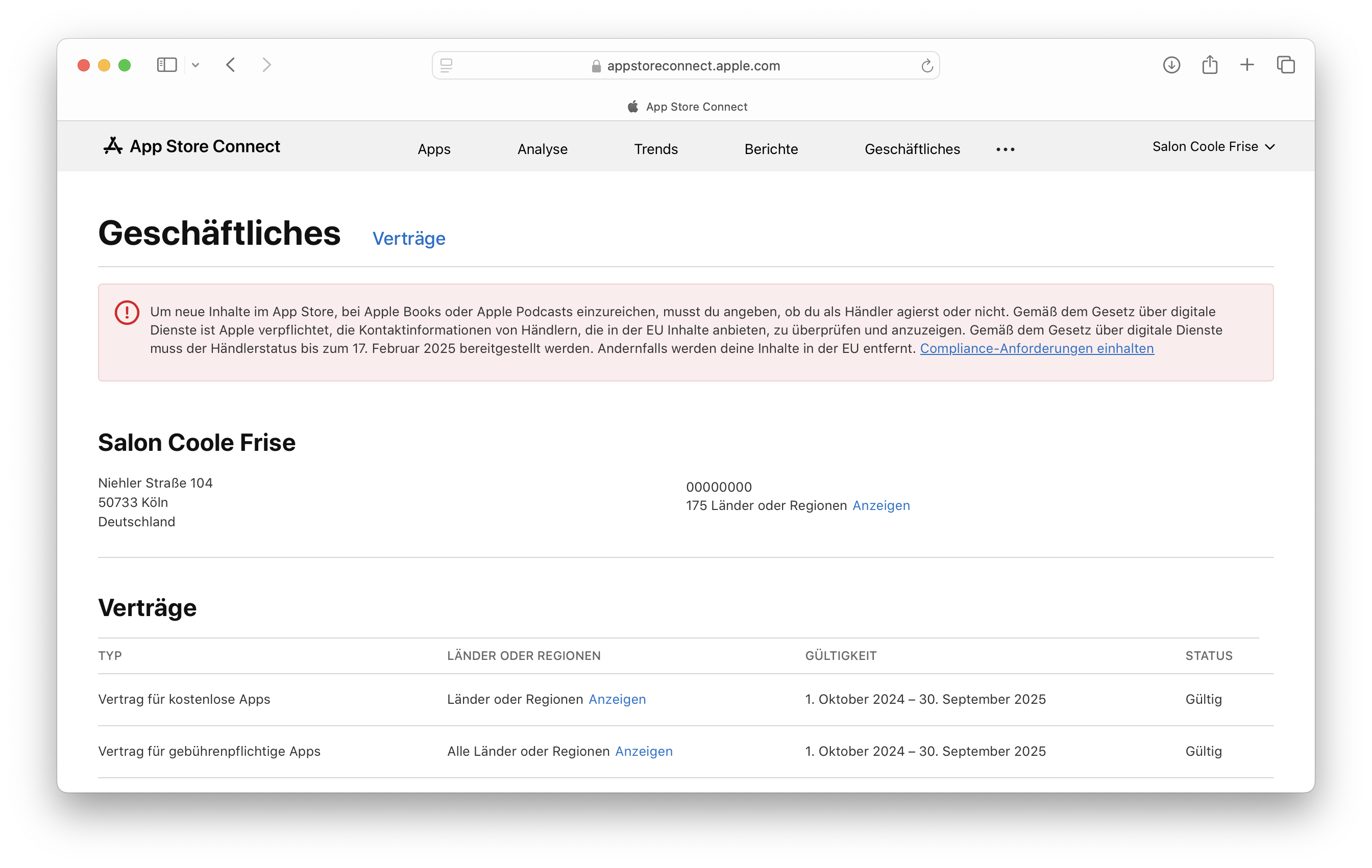 Bildschirmfoto der App Store Connect-Seite im Apple Entwicklerbereich. Oben auf der Seite ist eine Textbox mit wichtigem Hinweis, die Compliance-Anforderungen des Gesetztes über digitale Dienste zu bestätigen