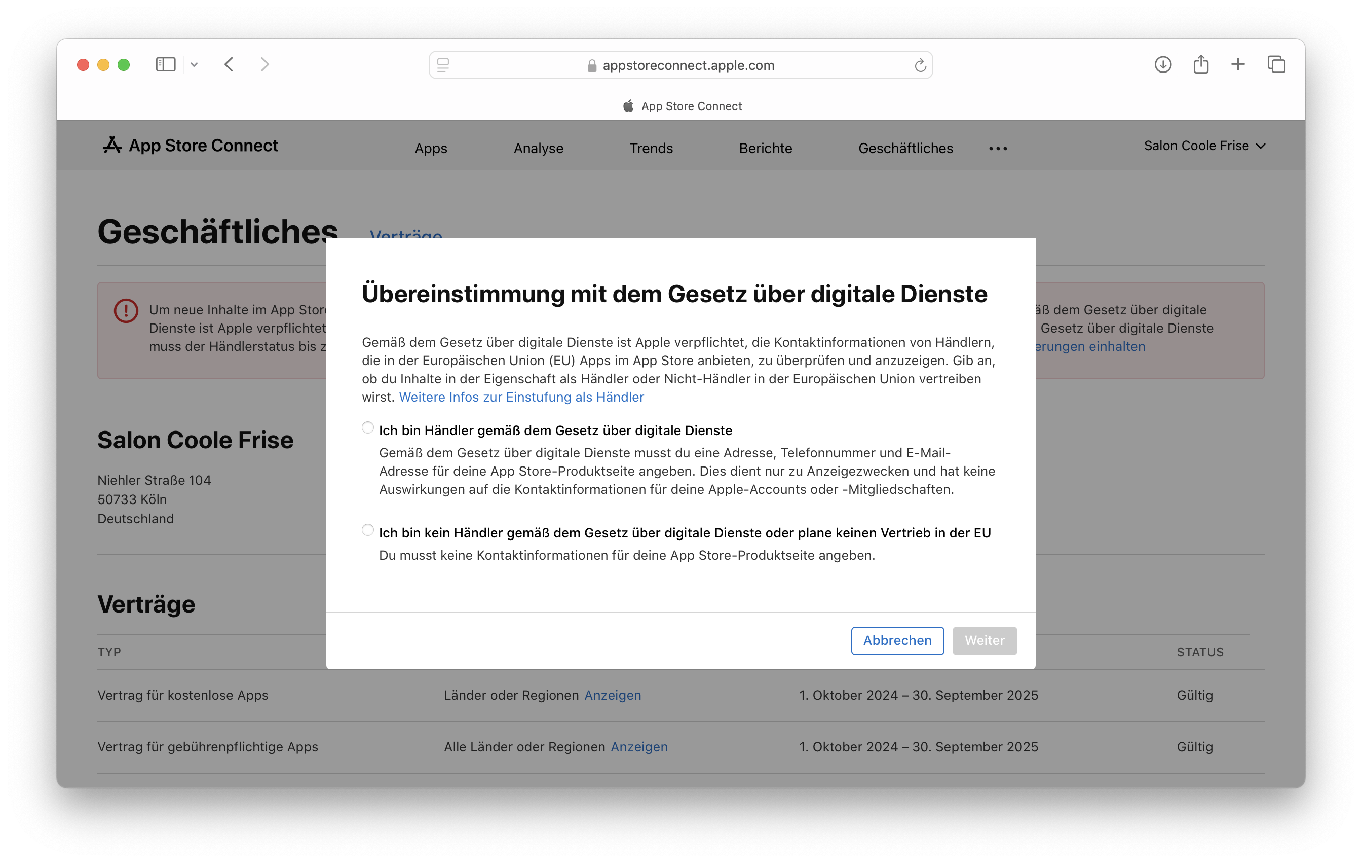 Bildschirmfoto der App Store Connect-Seite mit Einblendung zum Bestätigen des Gesetzes über digitale Dienste