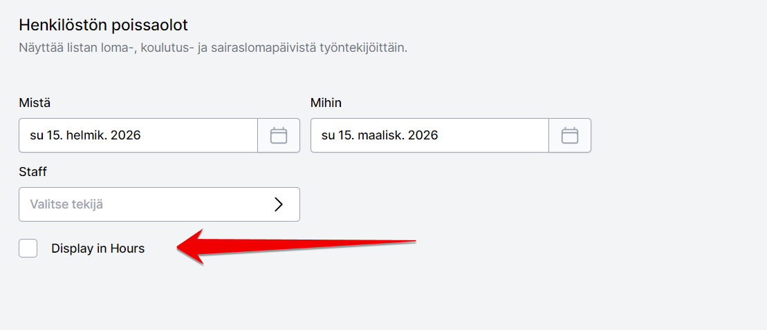 Raportit - Poissaolot, Display in Hours asetus.png