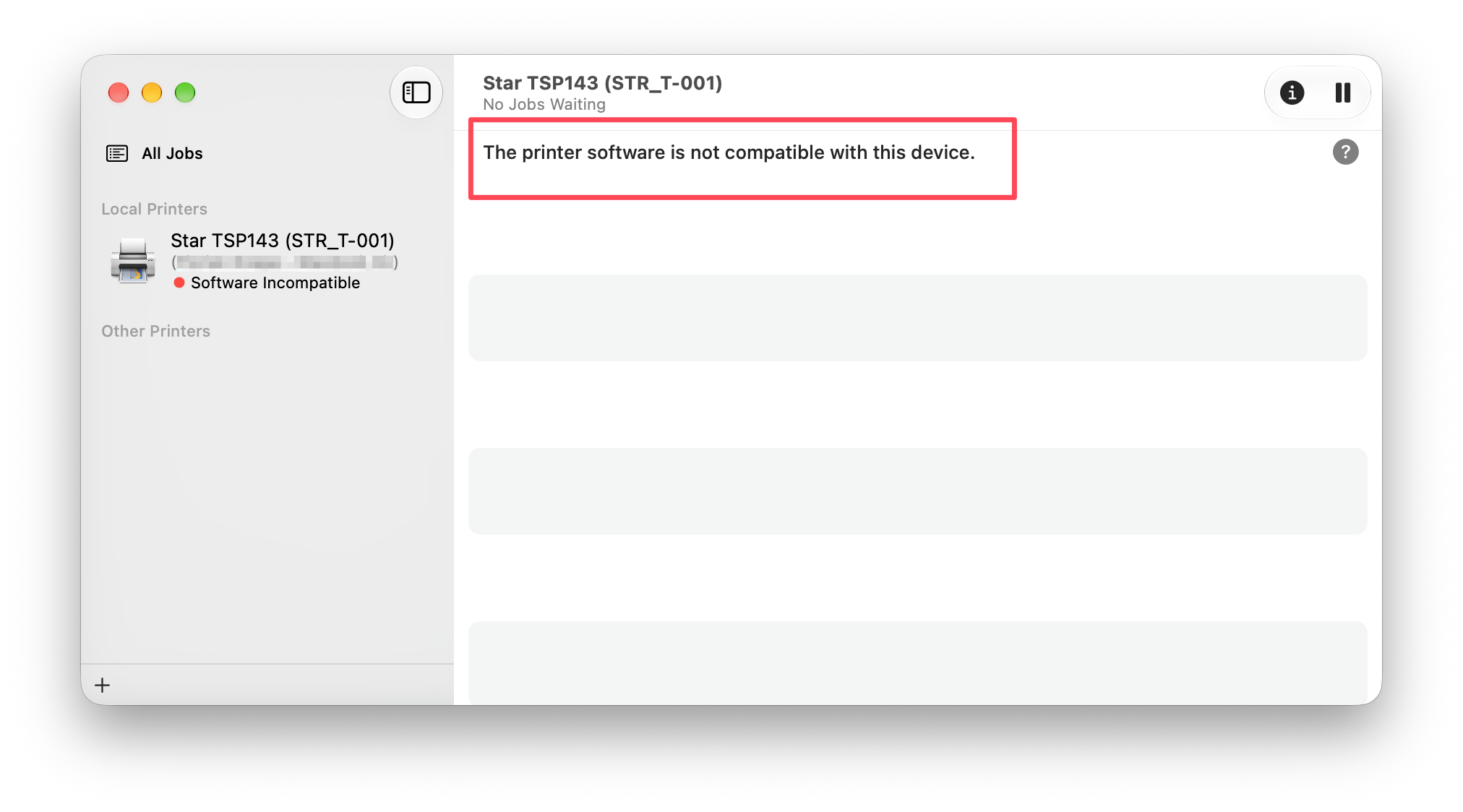 Druckzentrale mit dem Status „Software nicht kompatibel“ beim Belegdrucker